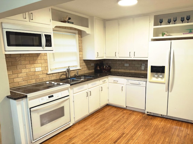 1699 Malvern St, Lauderdale, MN 55113 - kitchen featuring white appliances, open shelves, white cabinets, light wood finished floors, and backsplash