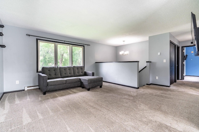 516 Gustavus Ave, Fergus Falls, MN 56537 - living room featuring a chandelier, carpet floors, a baseboard heating unit, and a textured ceiling
