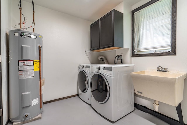 516 Gustavus Ave, Fergus Falls, MN 56537 - washroom with water heater, cabinet space, and washing machine and clothes dryer