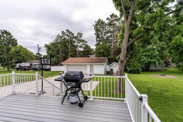516 Gustavus Ave, Fergus Falls, MN 56537 - wooden deck with a shed, area for grilling, a lawn, a garage, and an outdoor fire pit