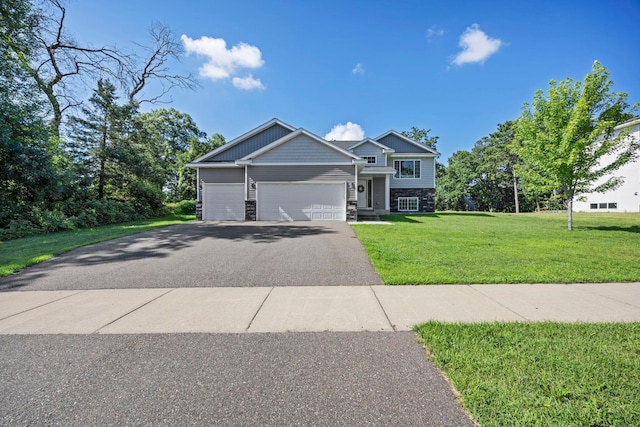 13143 Jefferson St, Becker, MN 55308 - view of front facade with stone siding, asphalt driveway, an attached garage, and a front lawn