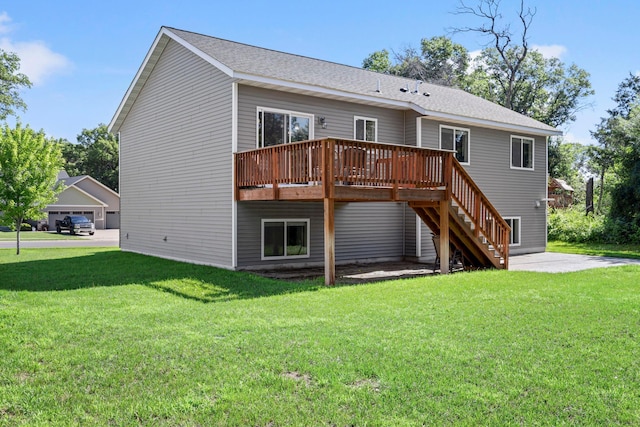13143 Jefferson St, Becker, MN 55308 - rear view of house featuring a deck, a yard, and stairway