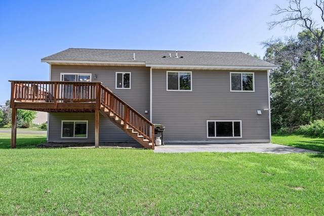 13143 Jefferson St, Becker, MN 55308 - rear view of property with a wooden deck, a patio, a yard, stairway, and roof with shingles