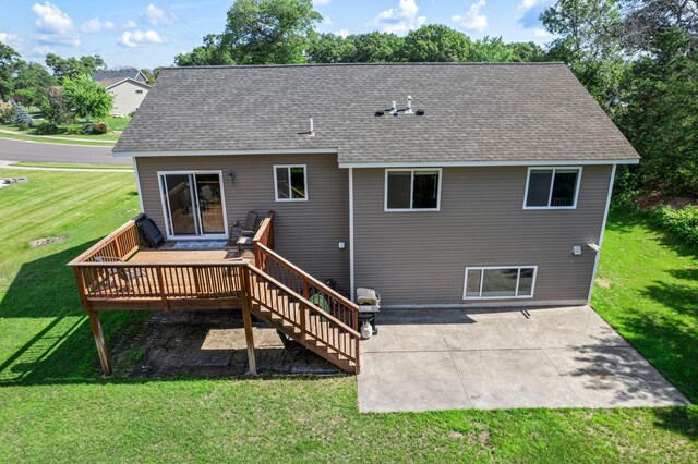 13143 Jefferson St, Becker, MN 55308 - back of house with roof with shingles, a deck, a lawn, a patio area, and stairway