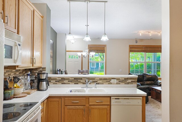14301 Banyan Ln, Rosemount, MN 55068 - kitchen featuring white appliances, a peninsula, open floor plan, tasteful backsplash, and light countertops