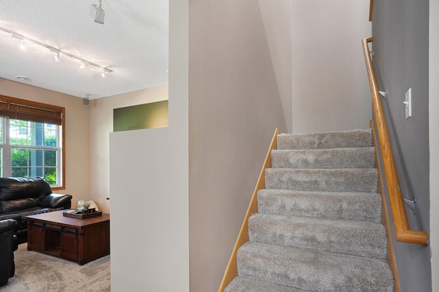 14301 Banyan Ln, Rosemount, MN 55068 - staircase featuring rail lighting, a textured ceiling, and carpet floors