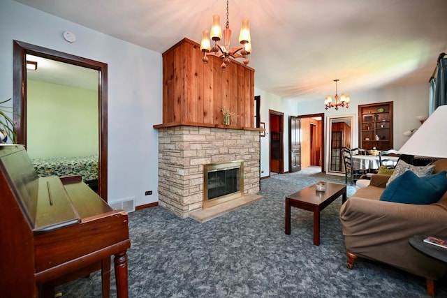 366 Kansas St, Winona, MN 55987 - carpeted living room featuring a chandelier and a fireplace