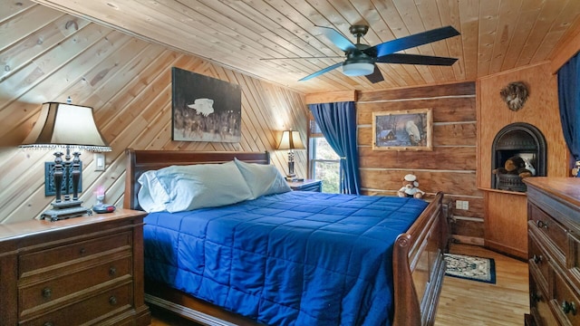 W13263 Hutchinson Rd, Big Bend Twp, WI 54819 - bedroom with wooden walls, wood ceiling, and wood finished floors