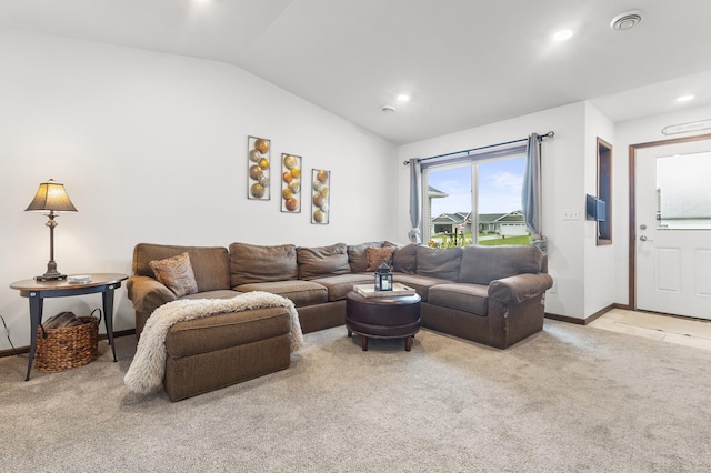 888 Tallgrass Ct, Wanamingo, MN 55983 - living room with light carpet, lofted ceiling, and recessed lighting