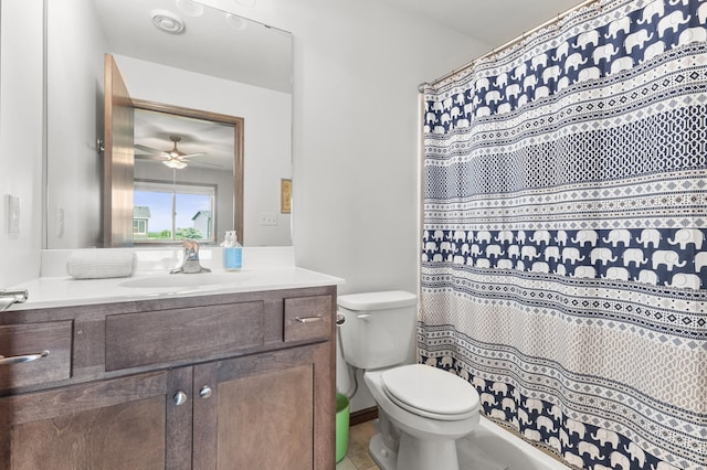 888 Tallgrass Ct, Wanamingo, MN 55983 - full bathroom featuring vanity, a ceiling fan, curtained shower, and tile patterned flooring