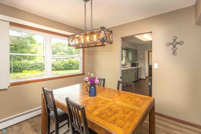 402 5th St NE, Barnesville, MN 56514 - dining space with a baseboard radiator, plenty of natural light, and wood finished floors