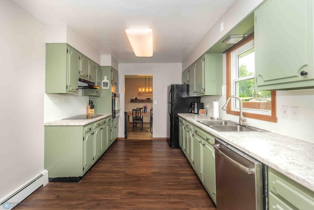 402 5th St NE, Barnesville, MN 56514 - kitchen featuring green cabinets, black appliances, a baseboard heating unit, and light countertops
