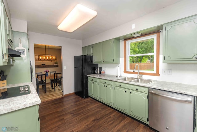 402 5th St NE, Barnesville, MN 56514 - kitchen featuring black appliances, green cabinets, light countertops, dark wood finished floors, and a chandelier