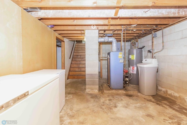 402 5th St NE, Barnesville, MN 56514 - unfinished below grade area with a water softener system, electric water heater, stairs, and water heater
