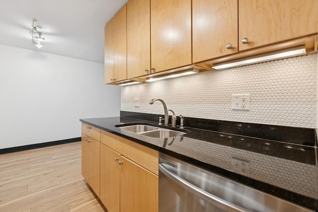 2800 44th St Unit 401, Minneapolis, MN 55410 - kitchen with stainless steel dishwasher, backsplash, light wood-type flooring, dark stone countertops, and light brown cabinets