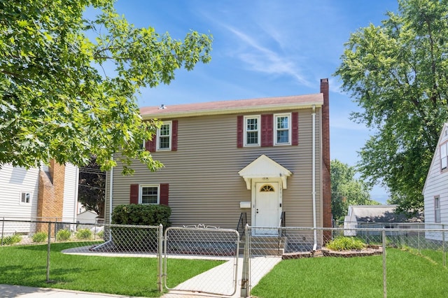 1290 Matilda St, Saint Paul, MN 55117 - colonial-style house featuring a fenced front yard, a gate, and a chimney