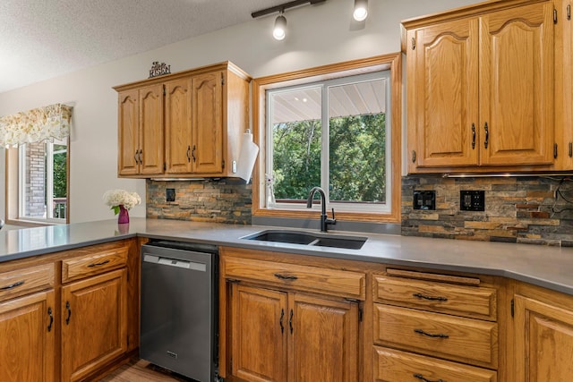 4508 192nd St, Fair Haven Twp, MN 55382 - kitchen with stainless steel dishwasher, plenty of natural light, backsplash, and a textured ceiling