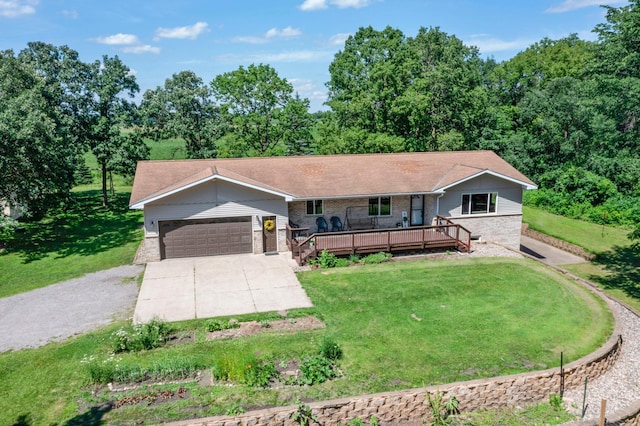 4508 192nd St, Fair Haven Twp, MN 55382 - ranch-style home featuring concrete driveway, an attached garage, a front yard, a wooden deck, and brick siding