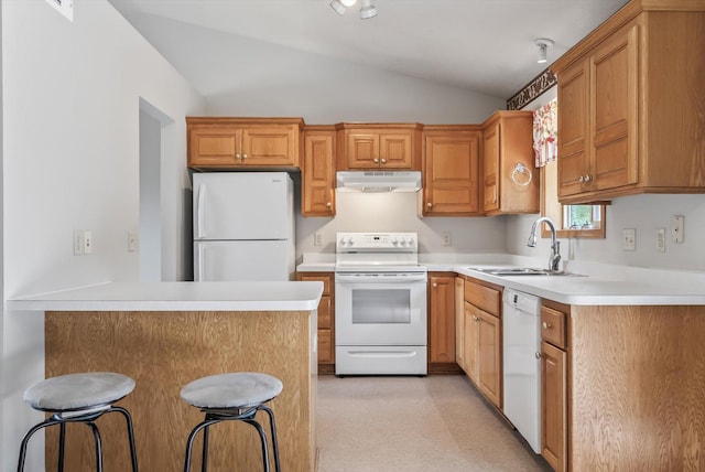 6617 378th St, North Branch, MN 55056 - kitchen with white appliances, under cabinet range hood, vaulted ceiling, a peninsula, and light countertops
