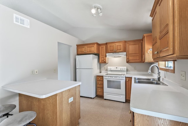 6617 378th St, North Branch, MN 55056 - kitchen featuring white appliances, under cabinet range hood, a peninsula, a breakfast bar area, and lofted ceiling