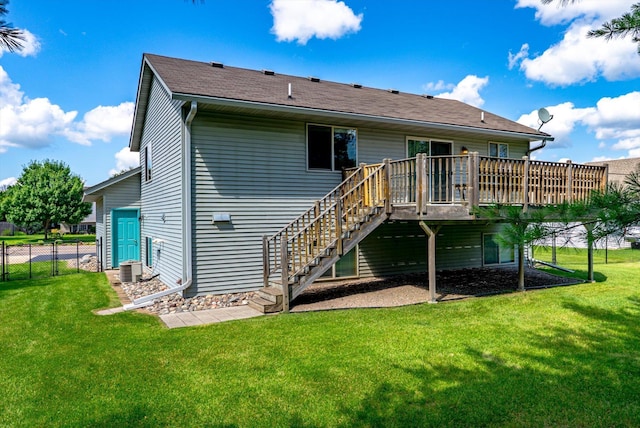 6617 378th St, North Branch, MN 55056 - back of property with stairs, a wooden deck, and roof with shingles