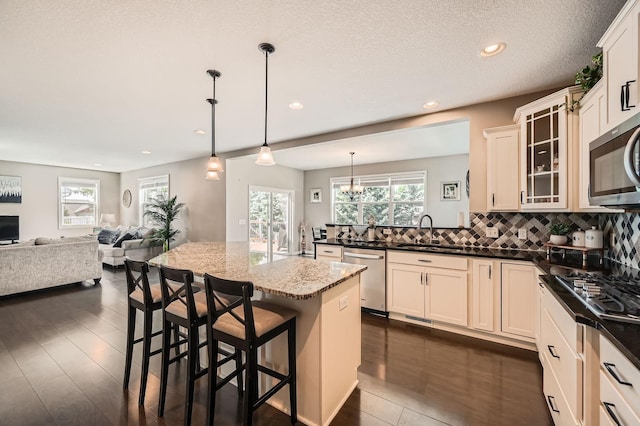 1535 138th St E, Rosemount, MN 55068 - kitchen featuring healthy amount of natural light, open floor plan, glass insert cabinets, stainless steel appliances, and recessed lighting