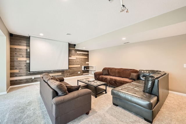 1535 138th St E, Rosemount, MN 55068 - home theater featuring wooden walls, light carpet, and recessed lighting