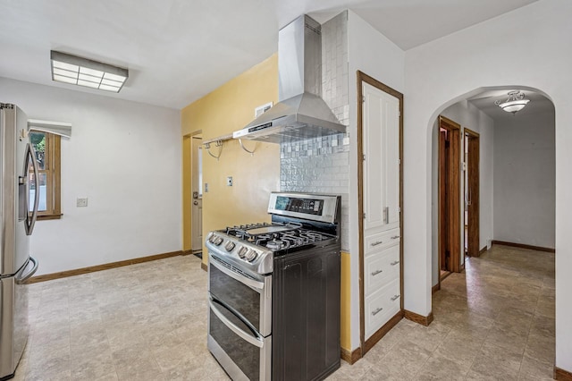 1595 Reaney Ave, Saint Paul, MN 55106 - kitchen with stainless steel appliances, wall chimney exhaust hood, arched walkways, and tasteful backsplash