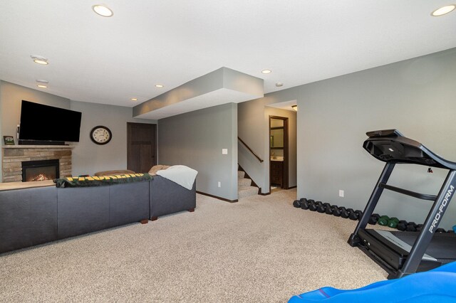 3410 Boulder Trl, Webster, MN 55088 - workout area with carpet floors, recessed lighting, and a fireplace