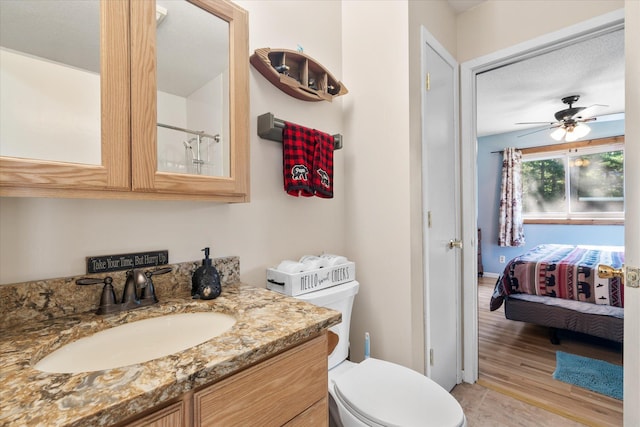 36977 Shoreland Rd, Sturgeon Lake, MN 55783 - full bath with vanity, ensuite bathroom, a shower, wood finished floors, and a ceiling fan