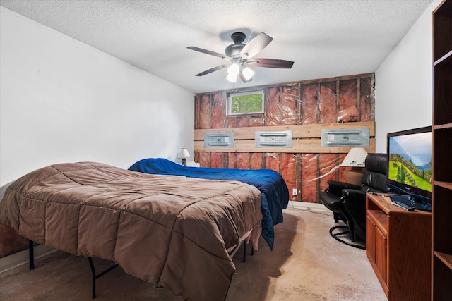 36977 Shoreland Rd, Sturgeon Lake, MN 55783 - carpeted bedroom featuring wood walls, a textured ceiling, and ceiling fan