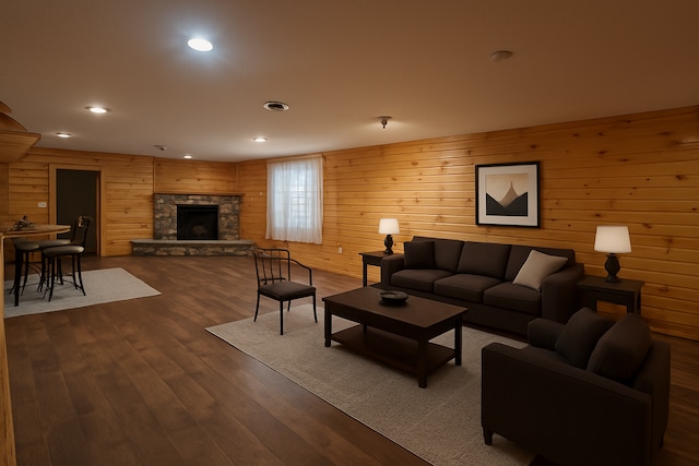 13205 Lake Place Rd, Baldwin Twp, MN 55398 - living area featuring a stone fireplace, dark wood-type flooring, recessed lighting, and wood walls