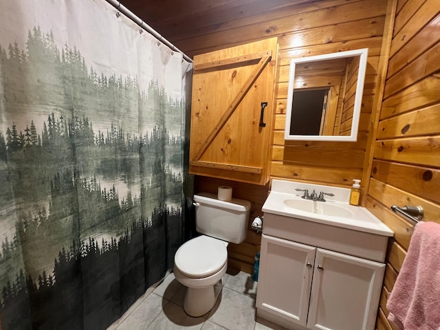 13205 Lake Place Rd, Baldwin Twp, MN 55398 - full bath with wooden walls, vanity, tile patterned flooring, and curtained shower