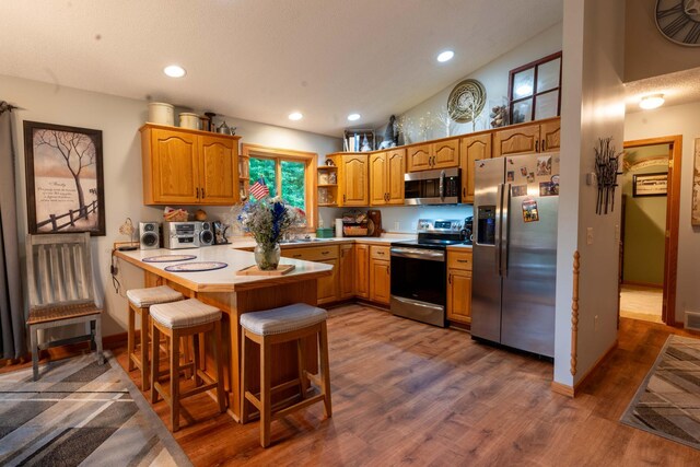44198 Mosquito Trl, Pine Lake Twp, MN 56573 - kitchen featuring stainless steel appliances, light countertops, a peninsula, dark wood finished floors, and recessed lighting