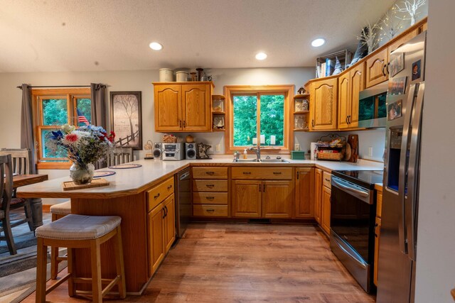 44198 Mosquito Trl, Pine Lake Twp, MN 56573 - kitchen with appliances with stainless steel finishes, open shelves, a peninsula, a breakfast bar area, and light wood-style flooring