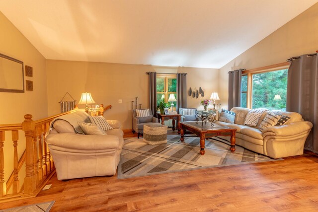 44198 Mosquito Trl, Pine Lake Twp, MN 56573 - living area with plenty of natural light, wood finished floors, and high vaulted ceiling