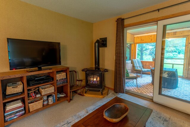 44198 Mosquito Trl, Pine Lake Twp, MN 56573 - carpeted living room with a wood stove and a textured ceiling
