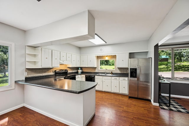 66578 330th St, Watkins, MN 55389 - kitchen featuring black appliances, dark countertops, a peninsula, open shelves, and backsplash