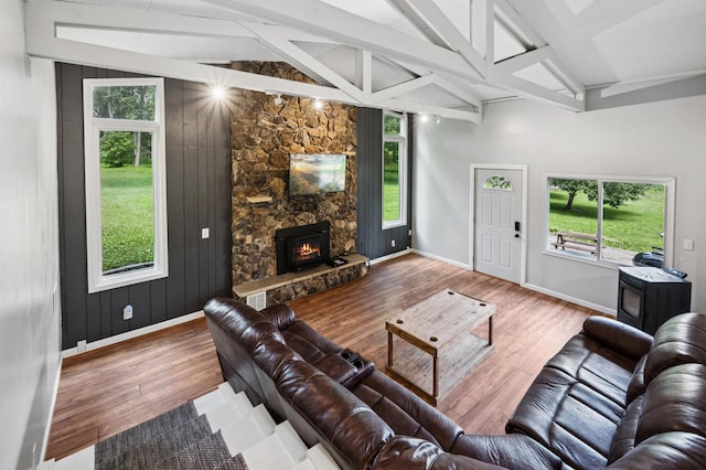 66578 330th St, Watkins, MN 55389 - living area featuring healthy amount of natural light, wood finished floors, and a stone fireplace