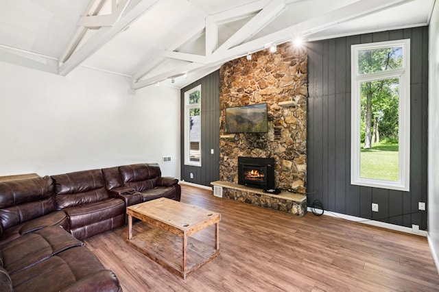 66578 330th St, Watkins, MN 55389 - living area featuring wood finished floors and a stone fireplace