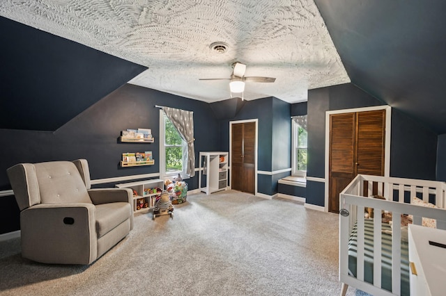 66578 330th St, Watkins, MN 55389 - carpeted bedroom with lofted ceiling, a textured ceiling, and a ceiling fan