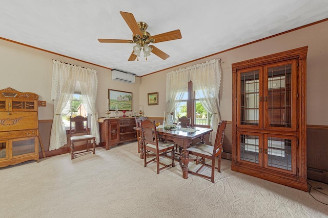 600 168th St, Summit Twp, MN 56026 - dining area featuring a wall unit AC, crown molding, carpet, wainscoting, and ceiling fan