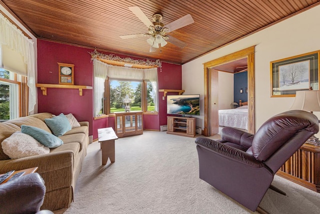 600 168th St, Summit Twp, MN 56026 - living area featuring wood ceiling, carpet, and ceiling fan