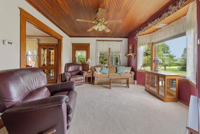 600 168th St, Summit Twp, MN 56026 - living room with wooden ceiling, ceiling fan, and light colored carpet