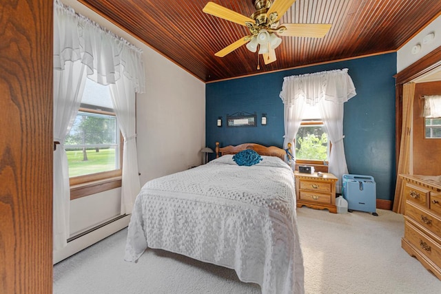 600 168th St, Summit Twp, MN 56026 - bedroom with a baseboard radiator, multiple windows, wooden ceiling, carpet flooring, and ceiling fan