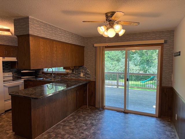 925 Holcombe Ave, Litchfield, MN 55355 - kitchen featuring electric stove, a peninsula, a textured ceiling, wainscoting, and ceiling fan