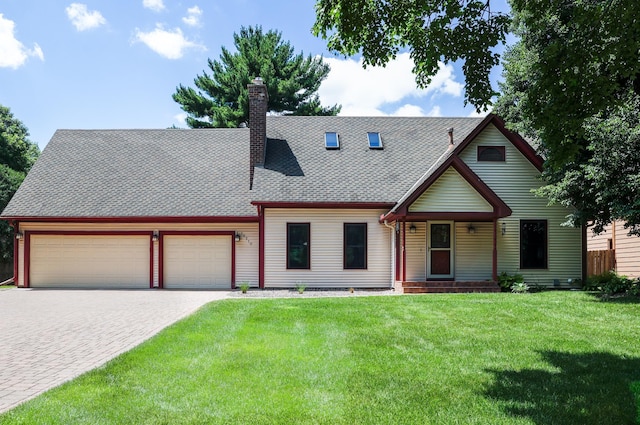 12310 Grouse St NW, Coon Rapids, MN 55448 - view of front of property featuring a garage, driveway, a front yard, a shingled roof, and a chimney
