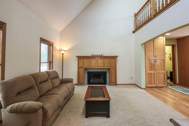 12310 Grouse St NW, Coon Rapids, MN 55448 - living room with high vaulted ceiling, a glass covered fireplace, and light wood finished floors