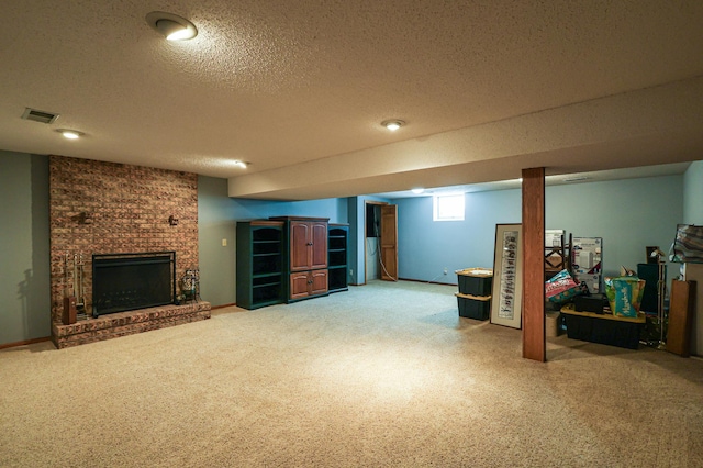 12310 Grouse St NW, Coon Rapids, MN 55448 - basement featuring light carpet, a textured ceiling, and a brick fireplace