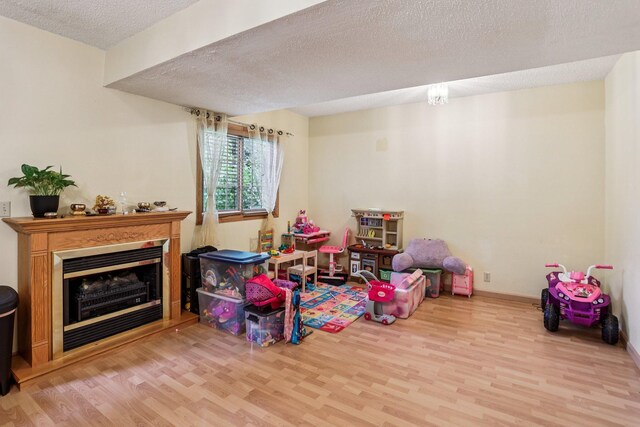 9205 29th Ave N, New Hope, MN 55427 - recreation room with wood finished floors, a textured ceiling, and a fireplace with raised hearth